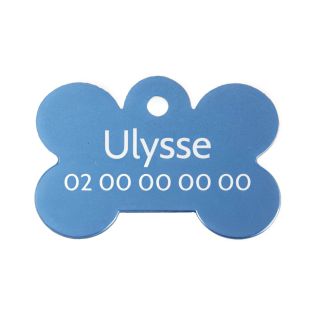 Médaille Bleu en forme d'os pour chien à personnaliser sur 1 à 2 lignes - Petit format 20x30 mm