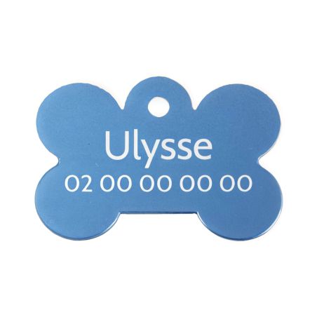 Médaille Bleu en forme d'os pour chien à personnaliser sur 1 à 2 lignes - Petit format 20x30 mm