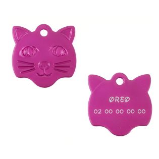 Médaille pendentif en forme de tête de chat couleur rose personnalisable sur 1 à 2 lignes (22 mm x 23 mm)