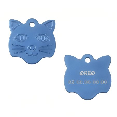 Médaille pendentif en forme de tête de chat couleur bleue personnalisable sur 1 à 2 lignes (22 mm x 23 mm)