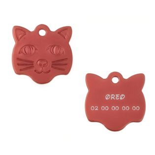 Médaille pendentif en forme de tête de chat couleur rouge personnalisable sur 1 à 2 lignes (22 mm x 23 mm)