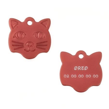 Médaille pendentif en forme de tête de chat couleur rouge personnalisable sur 1 à 2 lignes (22 mm x 23 mm)