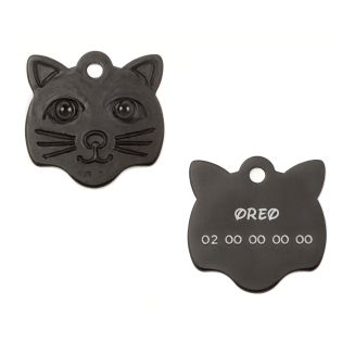 Médaille pendentif en forme de tête de chat couleur noir personnalisable sur 1 à 2 lignes (22 mm x 23 mm)