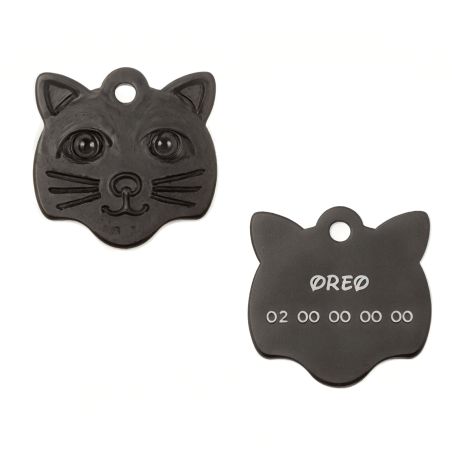 Médaille pendentif en forme de tête de chat couleur noir personnalisable sur 1 à 2 lignes (22 mm x 23 mm)