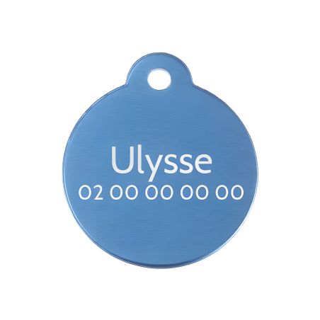 Médaille ronde Classic Bleu pour chien ou chat à personnaliser par gravure - 1 à 2 lignes - Diamètre 27 mm