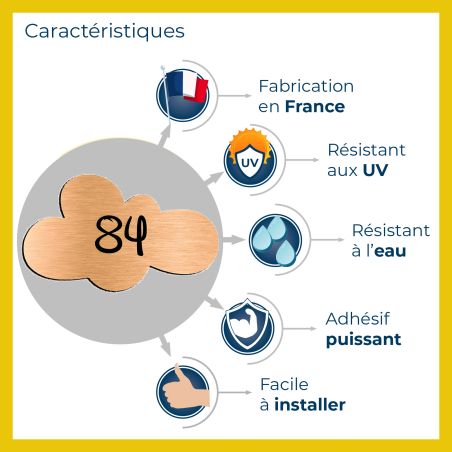 Numéro fantaisie personnalisable pour boite aux lettres couleur or brossé chiffres noirs - Modèle Nuage