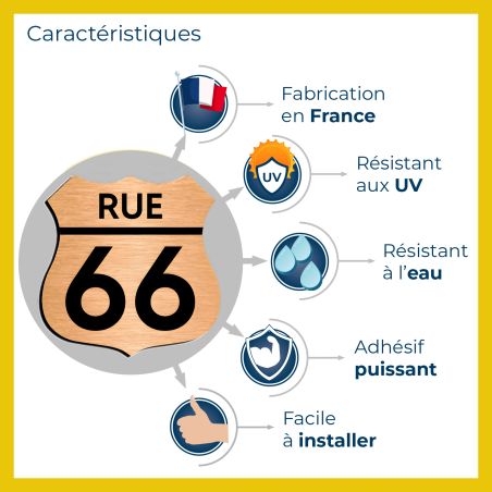Numéro fantaisie personnalisable pour boite aux lettres couleur or brossé chiffres noirs - Modèle Route 66