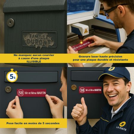 Plaque boite aux lettres personnalisable - Lot de 2 plaques adhésives en plastique bordeaux lettres blanches - Format 100 x 25 m