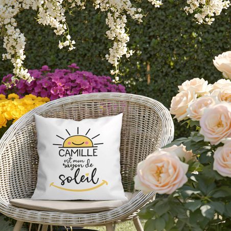 Coussin Personnalisé Carré 40x40 cm Humoristique "Mon Rayon de Soleil" - avec Prénom personnalisable - Fabriqué en France