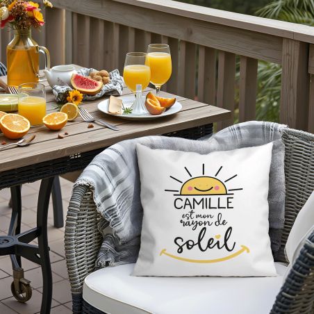 Coussin Personnalisé Carré 40x40 cm Humoristique "Mon Rayon de Soleil" - avec Prénom personnalisable - Fabriqué en France
