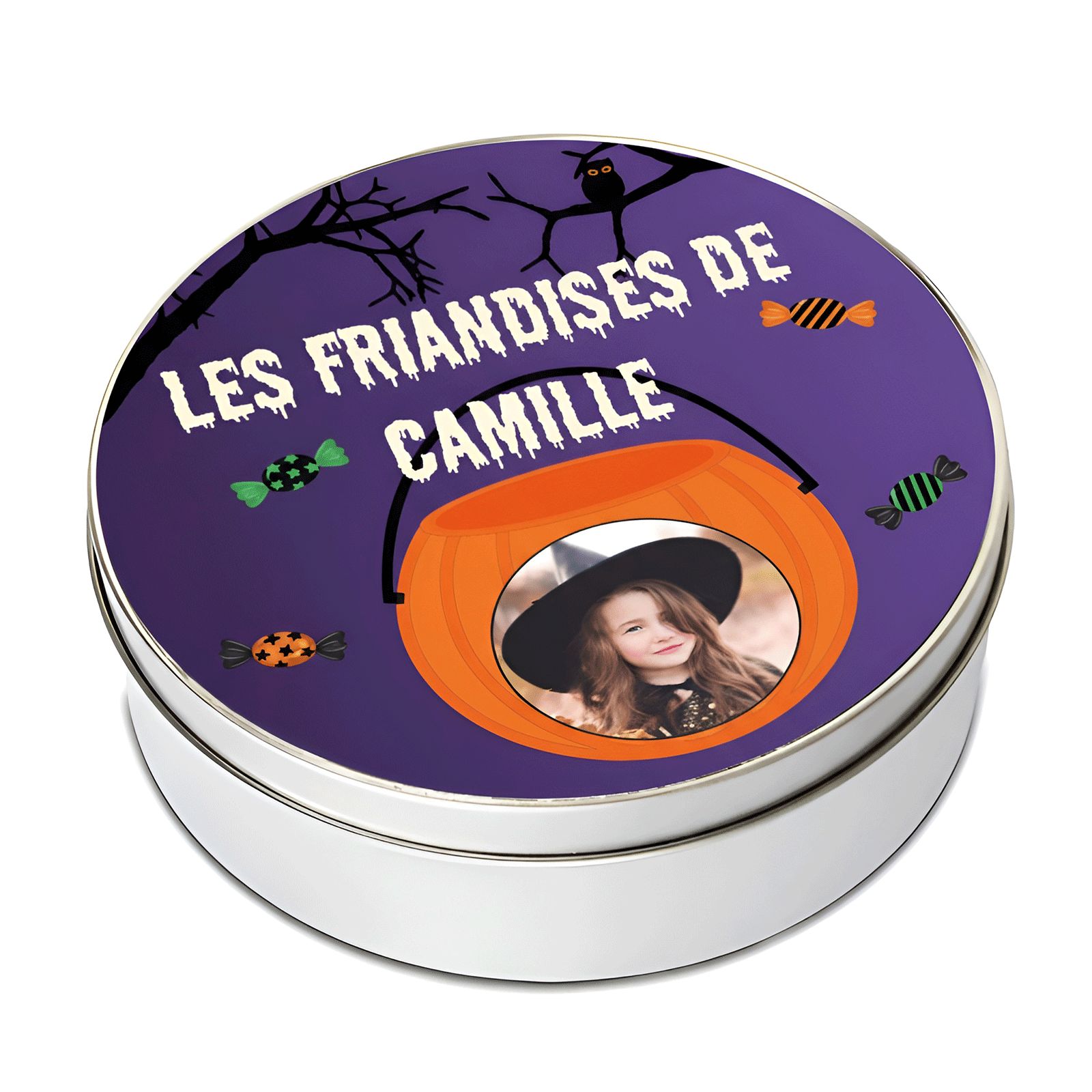 Boite ronde en métal à friandises d'Halloween personnalisée