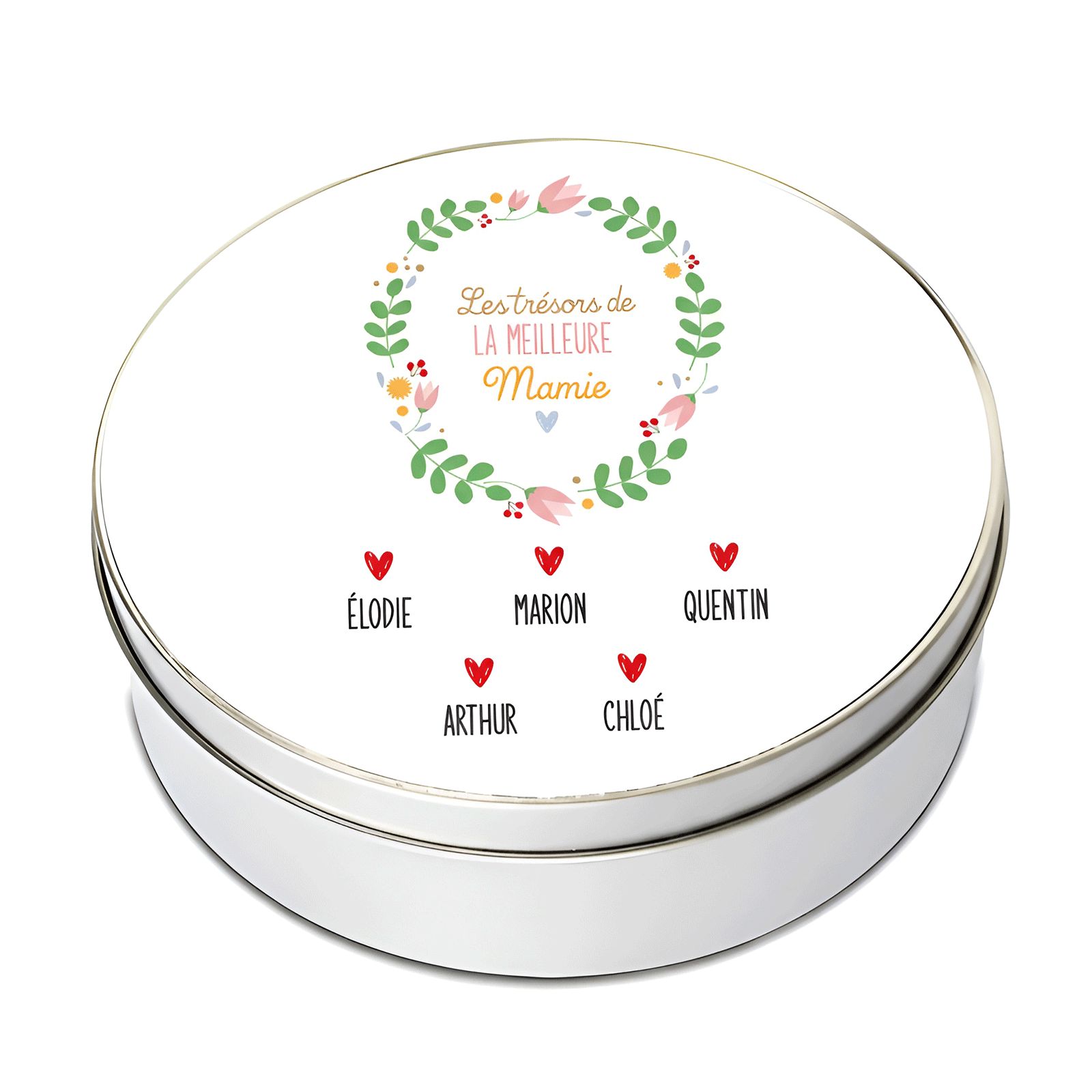 Boite de rangement ronde en aluminium Les Trésors de Mamie personnalisée