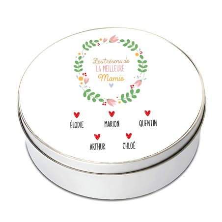 Boite de rangement ronde en aluminium Les Trésors de Mamie personnalisée