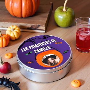 Boite ronde en métal à friandises d'Halloween personnalisée