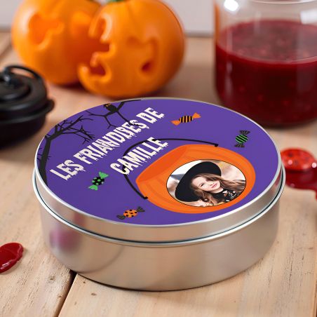Boite ronde en métal à friandises d'Halloween personnalisée