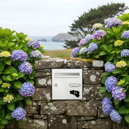 Numéro fantaisie personnalisable pour boite aux lettres couleur effet bois clair chiffres noirs - Modèle région Bretagne