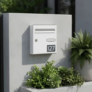 Numéro boîte aux lettres personnalisable grand format - Plaque plastique résistante jaune chiffres rouges - 100x70 mm adhésif 3M