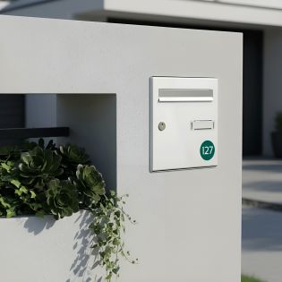 Numéro boîte aux lettres personnalisable rond 40 mm - plastique blanc chiffres bleus - adhésif 3M résistant UV et intempéries