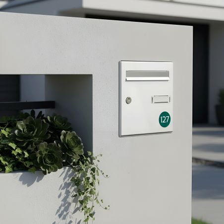 Numéro boîte aux lettres personnalisable rond 40 mm - plastique blanc chiffres bleus - adhésif 3M résistant UV et intempéries