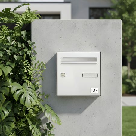 Numéro boîte aux lettres personnalisable - Plaque plastique 1,6 mm argent chiffres noirs - Format rectangle 50x35 mm adhésif 3M 