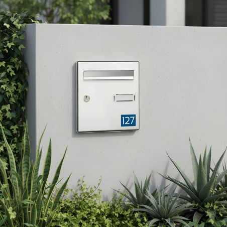 Numéro boîte aux lettres personnalisable rectangle argent chiffres noirs - Format médium 70x50mm adhésif 3M facile à poser