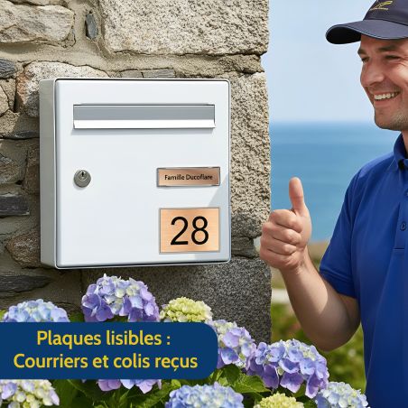 Plaque boite aux lettres plastique bi-couche noire lettres blanches - 100x25 mm adhésive personnalisable 1 ligne avec croix occi