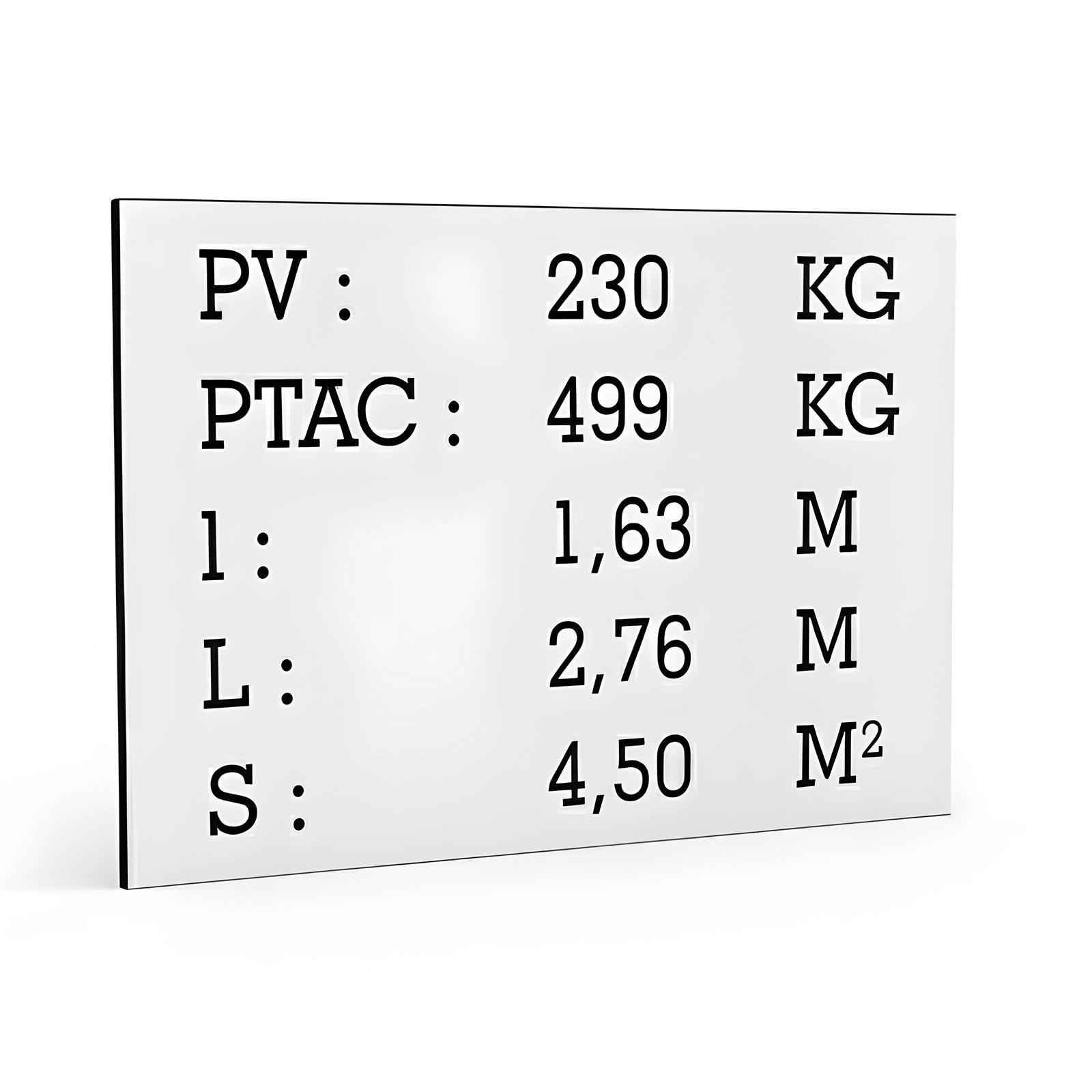 White tare plate black text for utility caravan trailer - Laser engraved marking - Manufacturer plate