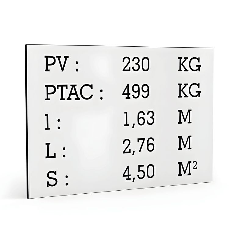 White tare plate black text for utility caravan trailer - Laser engraved marking - Manufacturer plate White tare plate black text for utility caravan trailer - Laser engraved marking - Manufacturer plate