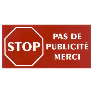 Étiquette STOP PUB adhésive pour boîte aux lettres - plastique rouge lettres blanches - 8 x 4 cm, gravure laser, adhésif 3M doub