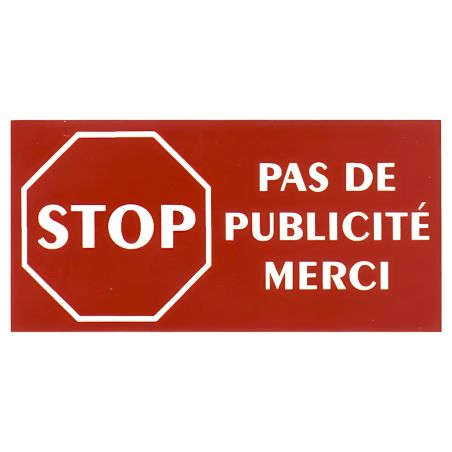 Étiquette STOP PUB adhésive pour boîte aux lettres - plastique rouge lettres blanches - 8 x 4 cm, gravure laser, adhésif 3M doub