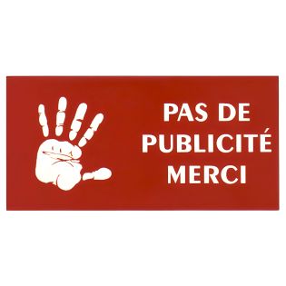 Plaque adhésive STOP PUB logo main pour boite aux lettres couleur rouge lettres blanches 8 x 4 cm - Gravure laser