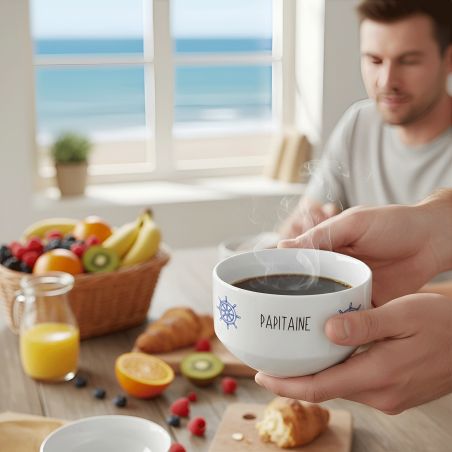 Bol petit déjeuner “Papitaine” – Cadeau fête des grands-pères original et personnalisable – Céramique blanche 500 ml