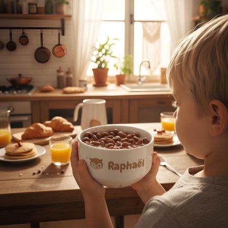 Bol petit-déjeuner enfant personnalisé avec prénom et animal – Céramique blanche – Cadeau ludique et unique