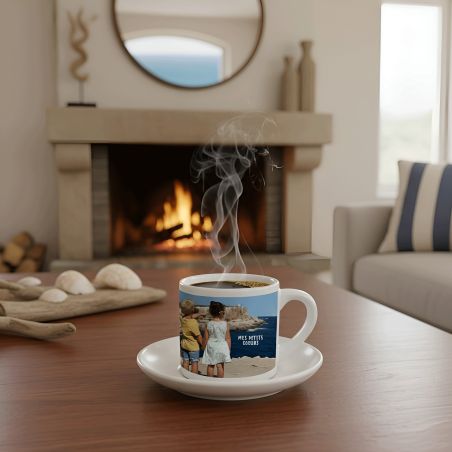 Personalized espresso coffee cup + saucer · Customizable with text and photo