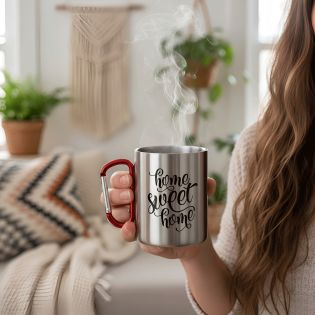 Double-walled stainless steel coffee cup with customizable carabiner with text, photo and logo · 20 cL