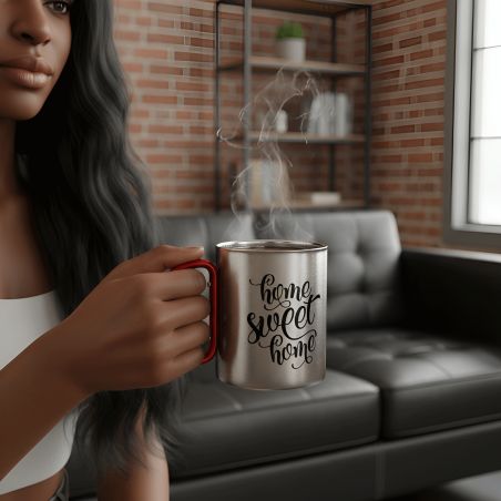 Double-walled stainless steel coffee cup with customizable carabiner with text, photo and logo · 20 cL