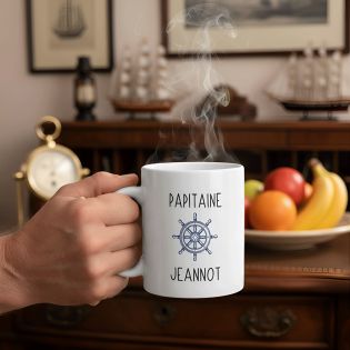 Mug en céramique blanc personnalisé avec prénoms petits-enfants · Papitaine · Cadeau papy