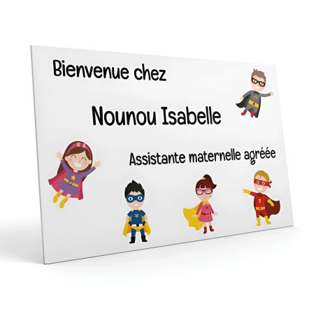 Plaque Nounou personnalisable pour boite aux lettres - Pancarte assistante maternelle agréée personnalisée - Modèle Mini héros