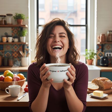 Bol petit déjeuner personnalisé céramique blanche - message humoristique ou tendre - 600 ml, micro-ondes et lave-vaisselle compa