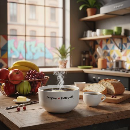 Bol petit déjeuner personnalisé céramique blanche - message humoristique ou tendre - 600 ml, micro-ondes et lave-vaisselle compa