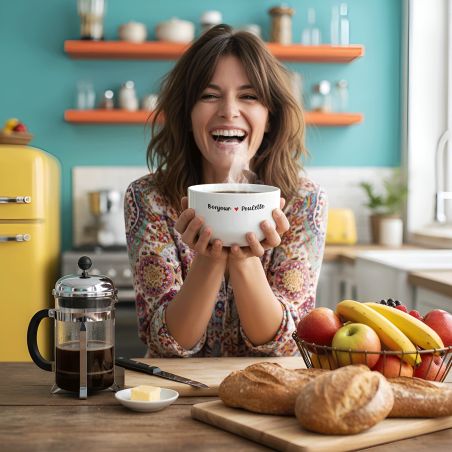 Bol petit déjeuner humoristique Bonjour Poulette - Bol céramique blanc - 600 ml, micro-ondes et lave-vaisselle, design français