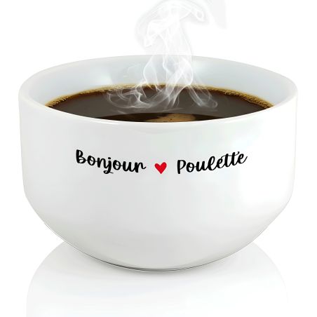 Bol petit déjeuner humoristique Bonjour Poulette - Bol céramique blanc - 600 ml, micro-ondes et lave-vaisselle, design français