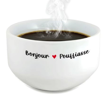 Bol petit déjeuner humoristique en céramique blanche - Message insolent Bonjour Poufiasse - 600 ml, micro-ondes et lave-vaissell