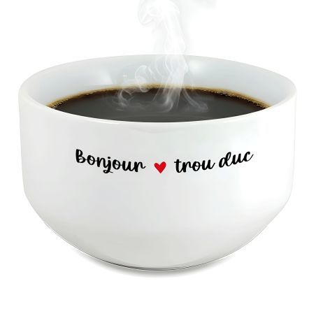 Bol petit déjeuner humoristique en céramique blanche - Message provocateur Bonjour trou duc - 600 ml. Compatible micro-ondes et 