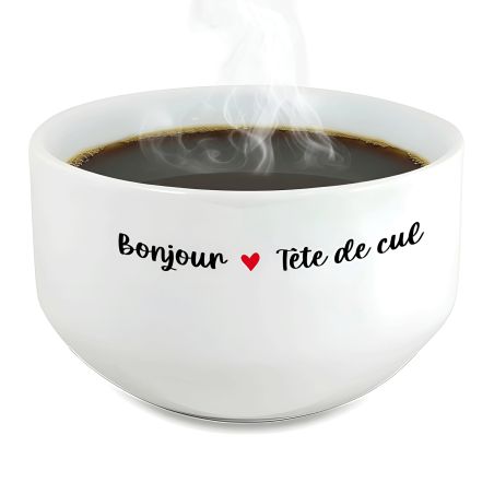 Bol petit déjeuner humoristique en céramique blanche - Message drôle Bonjour Tête de Cul - 600 ml, micro-ondes et lave-vaisselle