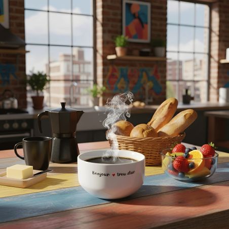 Bol petit déjeuner humoristique en céramique blanche - Message provocateur Bonjour trou duc - 600 ml. Compatible micro-ondes et 