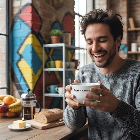 Bol petit déjeuner humoristique en céramique blanche - Message provocateur Bonjour trou duc - 600 ml. Compatible micro-ondes et 