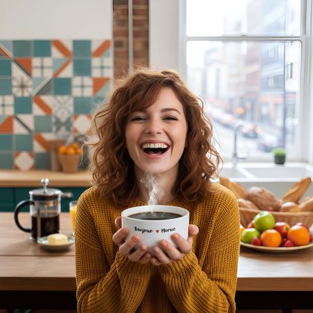Bol petit déjeuner humoristique Bonjour Morue - Bol céramique blanc brillant - 600 ml, micro-ondes et lave-vaisselle compatibles