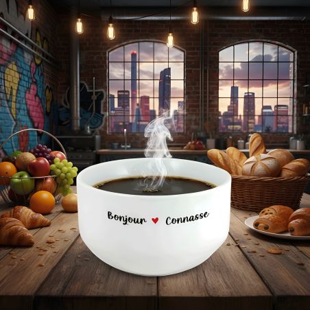 Bol petit déjeuner humoristique Bonjour Connasse - Céramique blanche brillante - 600 ml, micro-ondes et lave-vaisselle, design f