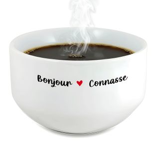 Bol petit déjeuner humoristique Bonjour Connasse - Céramique blanche brillante - 600 ml, micro-ondes et lave-vaisselle, design f